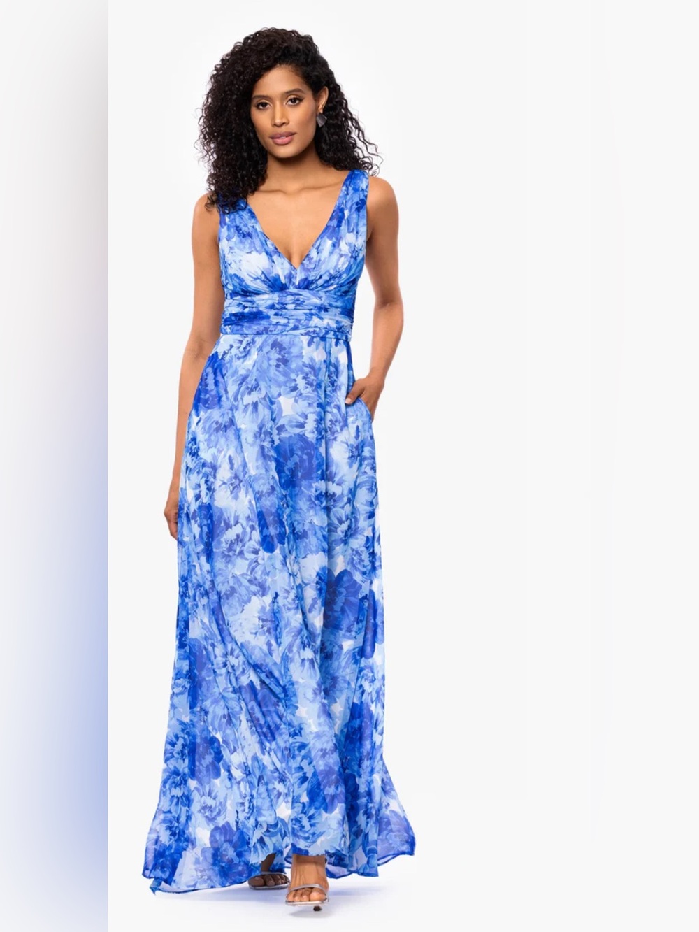Betsy & Adam Blue Floral V-Neck Maxi Dress